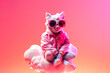 © ADDICTIVE STOCK - Generative AI illustration of full body of adorable cat in trendy sunglasses and clothes sitting on artificial clouds against pink background