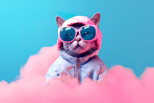 Generative AI Illustration Of Futuristic Cat In Sunglasses And Trendy Outfit Looking Away Surrounded By Pink Clouds Against Blue Sky