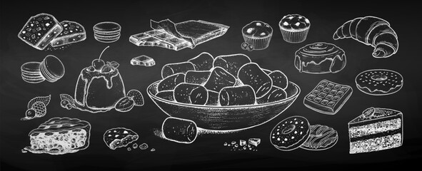 Wall Mural - Vector sketchy chalkboard drawing illustration of desserts and bakery. 