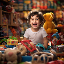 Happy Child In A Toy Store. Generative AI.