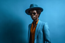 Generative AI illustration of fashionable black male in dandy hat and blue jacket on blue background