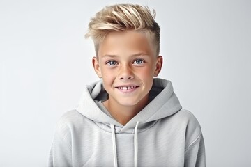 Wall Mural - Portrait of a smiling little boy in a gray hoodie.