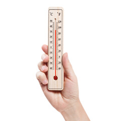 Hand holding thermometer showing high temperature, cut out