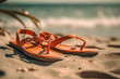 © ADDICTIVE STOCK - Generative AI colorful illustration of selective focus of stylish red leather flip flops placed on sandy beach near sea and crop palm on summer vacation