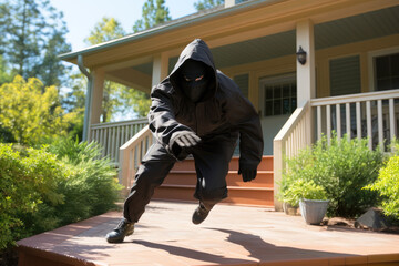 Burglar running away from house, home invasion, thief, burglary, masked, hood, security and insurance concept