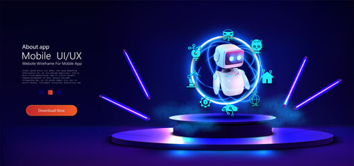 Poster - A smart smart bot on the podium processes information. Cute neon cartoon robot. AI Content Generator. Chatbot technology, isometric. AI chat bot based on artificial intelligence and neural networks. 