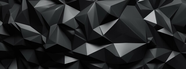 Wall Mural - Abstract 3d texture, black crystal background, faceted texture, macro panorama, wide panoramic polygonal wallpaper (Generative Ai)
