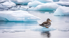 A Cute Duck Sits On An Ice Floe In The Arctic With Snow Around It. Generative AI