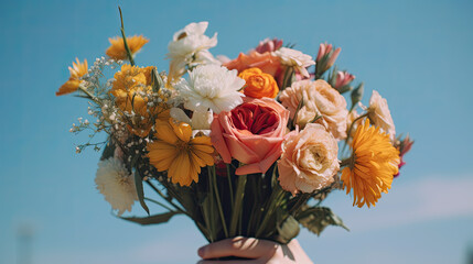 close up of a woman holding a colorful bouquet of flowers in her hands. Generative AI