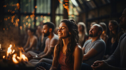 Group meditation in yoga studio, breath exercise, men and women meditating and breathing