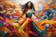 canvas print picture - Frau tanzt in bunten Bändern in Regenbogenfarben, KI-generierter Inhalt