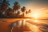 Fototapeta Zachód słońca - Sunny exotic beach by the ocean with palm trees at sunset summer vacation by the sea photography