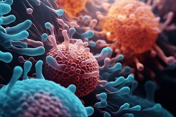 Wall Mural - Microscopic macroscopic close view of cells attacked by virus and bacteria science and medical microbiology render, reworked and enhanced ai generated illustration mattepainting