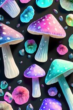 Realistic Acrylic Gemstone Crystal Mushrooms Seamless Pattern Opal 8k 