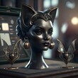 photoreal 8k cinematic unreal engine a 1980s home shopping network tv show hosted by a bubbly 1980s styled woman in gotham city She is selling gothic cat shaped earrings 