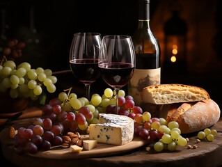 Wall Mural - Gastronomic photo of a glass of red wine and a bottle