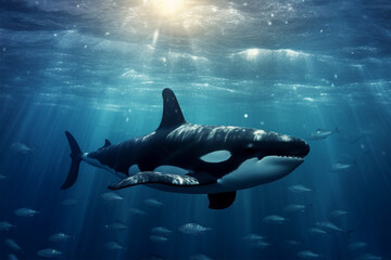Wall Mural - Big killer whale swimming in the deep blue ocean. 3d rendering
