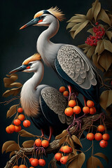 Wall Mural - A couple of birds sitting on top of a tree. Cranes. Generative AI