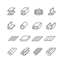 Vector Line Set Of Icons Related With Rolled Metal. Contains Monochrome Icons Like Girder, Metal, Steel, Armature, Pipe And More. Simple Outline Sign.