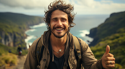 Young male traveler, with a backpack on his back, stands on the edge of a cliff against the backdrop of a beautiful sunset and the ocean.