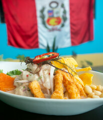 Wall Mural - Peruvian ceviche with fish served in a restaurant in Lima.