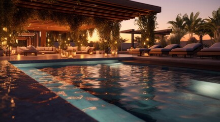 A clean pool surrounded by a stylish outdoor entertainment area, complete with a barbecue, comfortable seating, evoking a sense of luxury and sophistication. Generative Ai