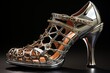 Automotive Glam: High - heeled shoes adorned with upcycled car parts, showcasing the fusion of fashion and automobile design, isolated on a sleek and metallic background illustration generative ai