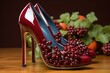 Berry Beauty: Elegant heels adorned with luscious berries, standing out on a rich red background for a striking contrast illustration generative ai