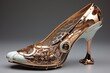 Automotive Glam: High - heeled shoes adorned with upcycled car parts, showcasing the fusion of fashion and automobile design, isolated on a sleek and metallic background illustration generative ai