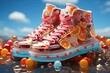 Eccentric Enchantment: Fruity shoes with floating miniatures, whimsical and surreal, isolated on dreamy background illustration generative ai