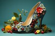 Garden Glamour: Floral - patterned heels with fruit accents, isolated on a serene blue background, adding a touch of nature to your look illustration generative ai