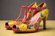 Fruity Finesse: High - heeled shoes with vibrant fruit motifs, isolated on a refreshing yellow background illustration generative ai