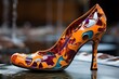 Liquid Luxury: High - heeled shoes with a mesmerizing liquid - filled sole, showcasing swirling colors and captivating patterns, isolated on a dynamic and vibrant background illustration generative ai