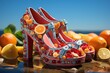 Eccentric Enchantment: Fruity shoes with floating miniatures, whimsical and surreal, isolated on dreamy background illustration generative ai