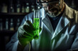 © ADDICTIVE STOCK - Generative AI image of crop male scientist in lab coat and glasses with liquid in test tube while conducting chemical experiment in lab