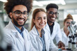 © ADDICTIVE STOCK - Generative AI illustration of group of positive young multiracial male and female scientist in white robes smiling and looking at camera while doing research in lab