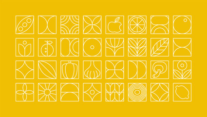Geometric food pattern. Minimal line natural organic fruit vegetables plant shapes, brand identity design. Vector set