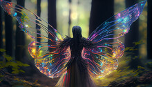 Fairy With Transparent Rainbow Wings In An Enchanted Magical Forest Ai Generated Image