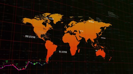 Wall Mural - Animation of financial data processing and world map over grid network against black background