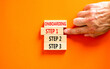 Time to step 1 onboarding symbol. Concept words Onboarding step 1 on wooden block. Businessman hand. Beautiful orange table orange background. Business success step 1 onboarding concept. Copy space.