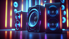 Group Of Sound Speakers In Neon Light. Background With Selective Focus Ai Generated Image