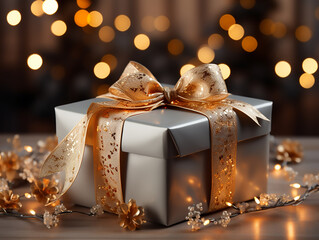 Poster - A gift with a big beautiful bow on a bright background with bokeh,