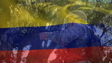 Poster - Animation of flag of colombia waving over low angle view of caucasian soldier standing with gun