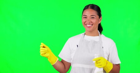 Canvas Print - Happy asian woman, housekeeper and pointing on green screen with detergent for clean hygiene. Portrait of female person, maid or cleaner for advertising with spray bottle against a studio background