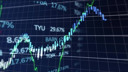 Poster - Animation of financial and stock market data processing over grid network against blue background