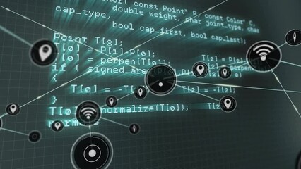 Sticker - Animation of connected icons over looping computer language against gray background