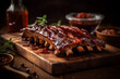Barbecue grilled pork ribs served on wooden board. Copy space on dark background