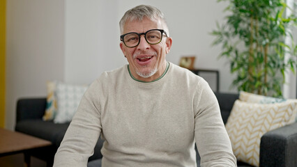 Poster - Middle age grey-haired man smiling confident sitting on sofa at home