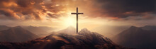Jesus Christ Cross. Easter, Resurrection Concept. Christian Cross On A Background With Dramatic Lighting, Colorful Mountain Sunset, Dark Clouds And Sky And Sunbeams. Generative AI