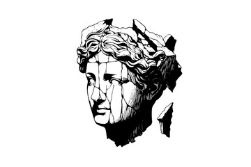 Wall Mural - Сracked statue head of greek sculpture sketch engraving style vector illustration.